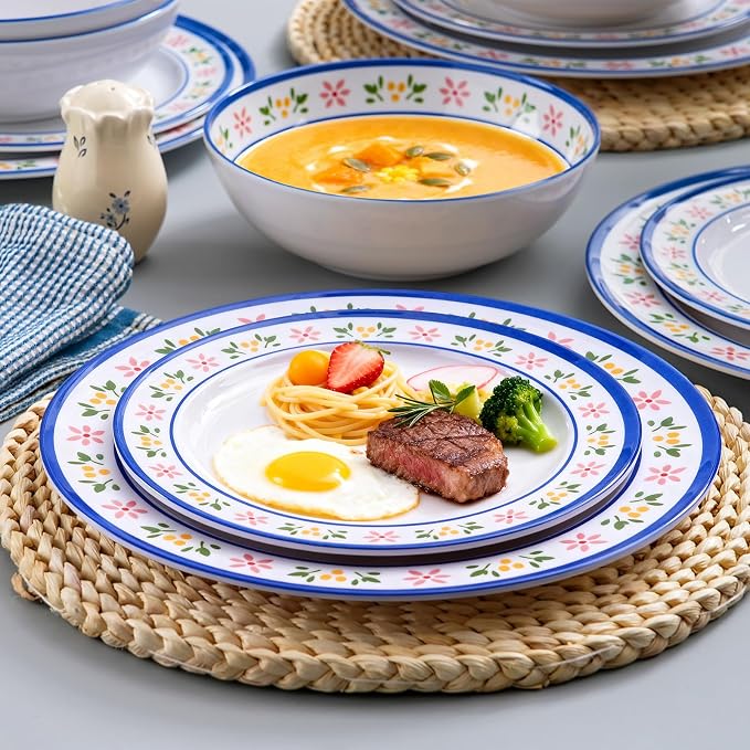 12-Piece Melamine Dinnerware Set - Unbreakable Dish Set， Indoor and Outdoor Plates and Bowls Sets for Perfect for Picnics, Camping, RV, and Beach Parties， Service for 4（Strawberry）
