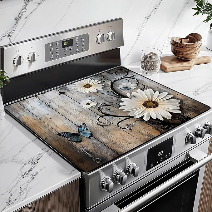 Heat-Resistant Glass Stove Top Cover with Anti-Slip Rubber Coating – Electric Stove Protector, Scratch-Resistant, Expands Counter Space, Stylish Kitchen Decor (Daisy)