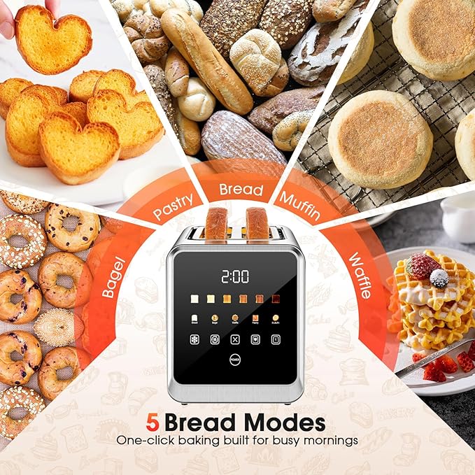 Touch Screen Toaster, 2 Slice, Smart Digital with 1-Touch Memory, 1.5" Wide Slots for Bagels, Brushed Stainless Steel, 900W
