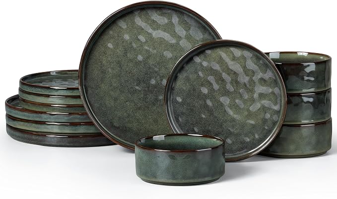 LIANYU Dinnerware Dishes Sets for 4, 12 Piece Stoneware Dinner Plates and Bowls Set, Ceramic Dinning Dishware Includes Salad Plate, Cereal Bowls, Chip Resistant & Dishwasher Safe,Moss Green