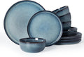 Famiware Milkyway Stoneware Dinnerware Set, 12-Piece, Double Reactive Glaze, Plates and Bowls, Service for 4, Microwave and Dishwasher Safe, Scratch-Resistant, Dusty Blue