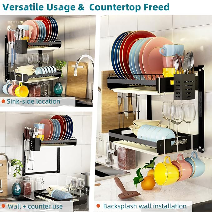Hanging Wall Mounted Dish Drying Rack with Cutting Board Rack*1, Hook*4, Drain Tray*2, Apartment & RV Wall Mounted Dish Rack, Adhesive Mountable, 2 Layers & 16“ Long, Counter Free (Black)
