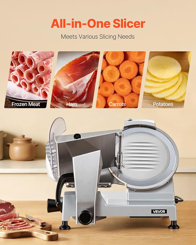 VEVOR Commercial Meat Slicer, 10 inch Electric Food Slicer, 240W Frozen Meat Deli Slicer, Premium Chromium-plated Steel Blade Semi-Auto Meat Slicer For Commercial and Home use | Commercial and Home Use, Premium Chromium-plated Steel Blade Semi-Auto Mac...