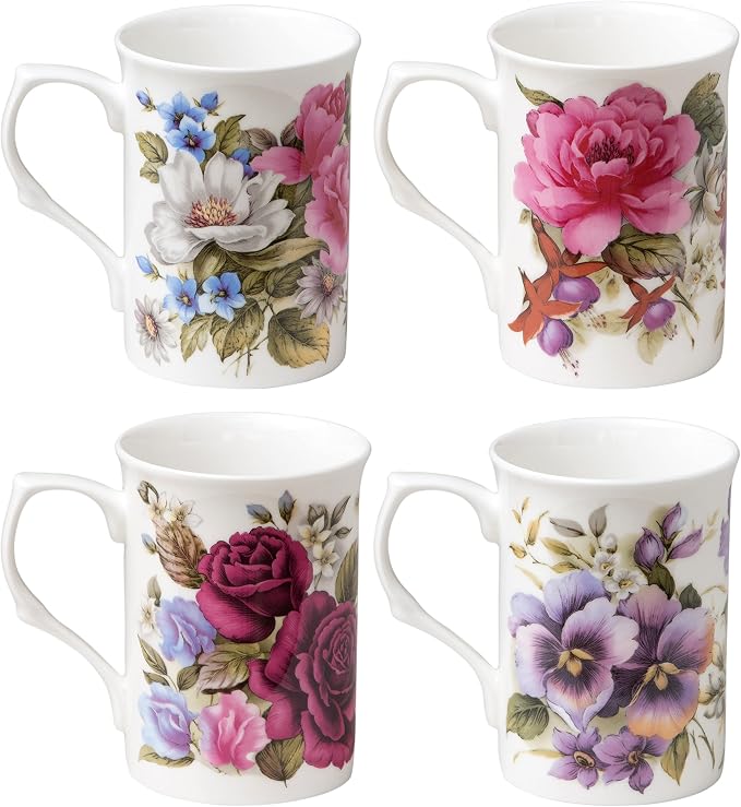 Bone China Coffee Tea Mugs 9-Ounce, Assorted Set of 4 (Classic Floral)