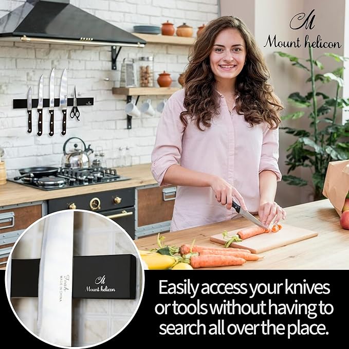 16 Inch Heavy Duty Kitchen Knife Magnetic Strip with Additional 5 Hooks-Multipurpose Stainless Steel Magnetic Tools, Knife Holder-Strong Magnetic Knife Holders for Wall No Drill required (Black)