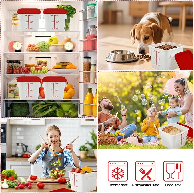 Square Food Containers with Lids 4-Pack, Commercial Grade Plastic Bins for Restaurant Kitchen Pantry Storage, Freezer & Dishwasher Safe (Red, 6QT-4PACK)