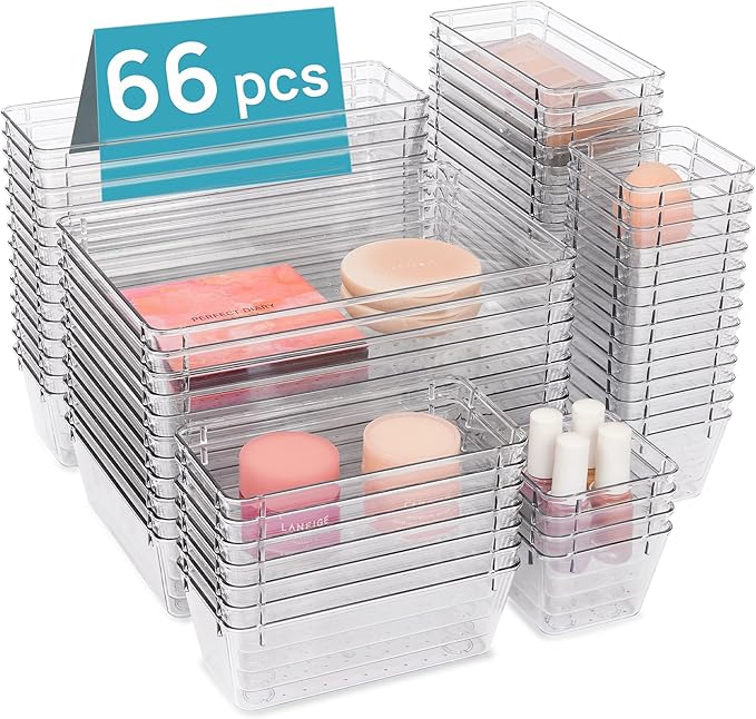 Vtopmart 4 Pack Bathroom Storage Organizer and 66 PCS Clear Plastic Drawer Organizers Bins