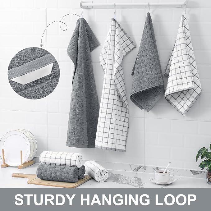 Homaxy Premium Cotton Kitchen Towels 16"x 28", Large Natural Ring Spun 390 GSM Dish Towels, Super Absorbent Terry Kitchen Hand Towels, Soft Tea Towels with Hanging Loop, Pure Grey Check Design, 4 Pack