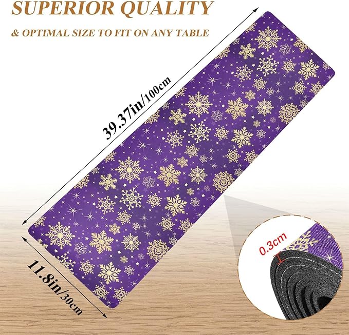 Winter Violet Purple with Gold Snowflakes Christmas Trivet Table Runner 40 Inches Long Trivet for Hot Pots and Pans/Hot Dishes,Table Protector Heat Up to 230F, Decorative Hot Plates Mat for Kitchen Co