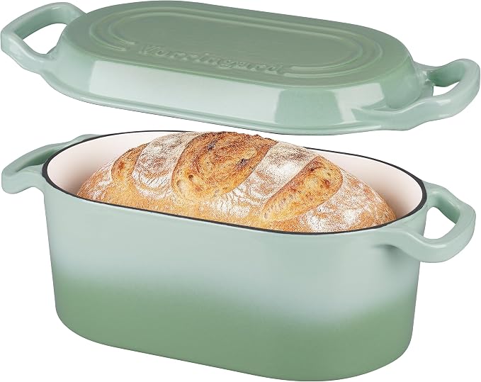 VORRINGARD Oval Dutch Oven Pot with Lid, Enamel Coating Cast Iron Bread Pans for Homemade Sourdough Bread Baking, Cooking, 4 Quart, Green