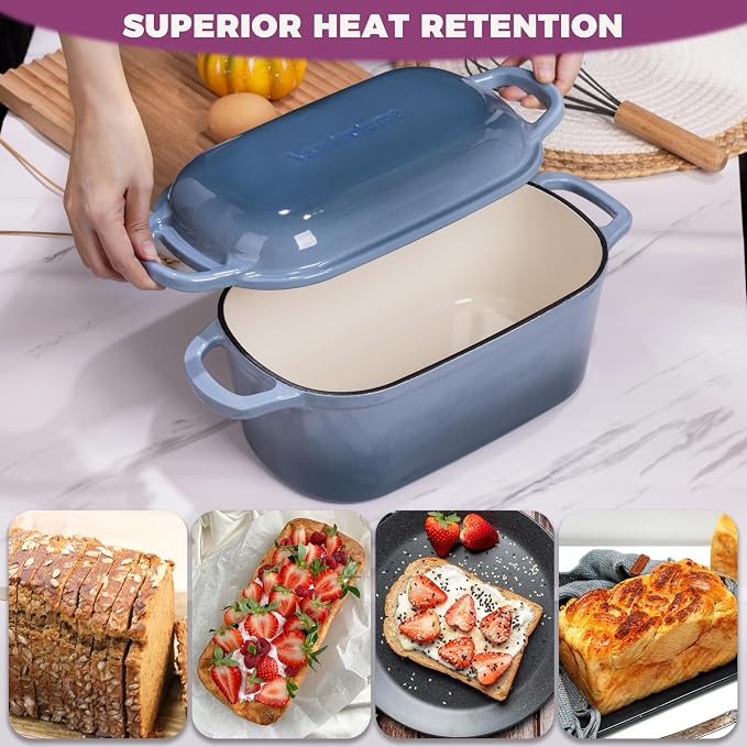 4.6-Quart Oval Dutch Oven for Bread Baking, 2 in 1 Enameled Cast Iron Bread Pan with Lid, Sourdough Baking Pan for a Crispy Crust, Seasalt