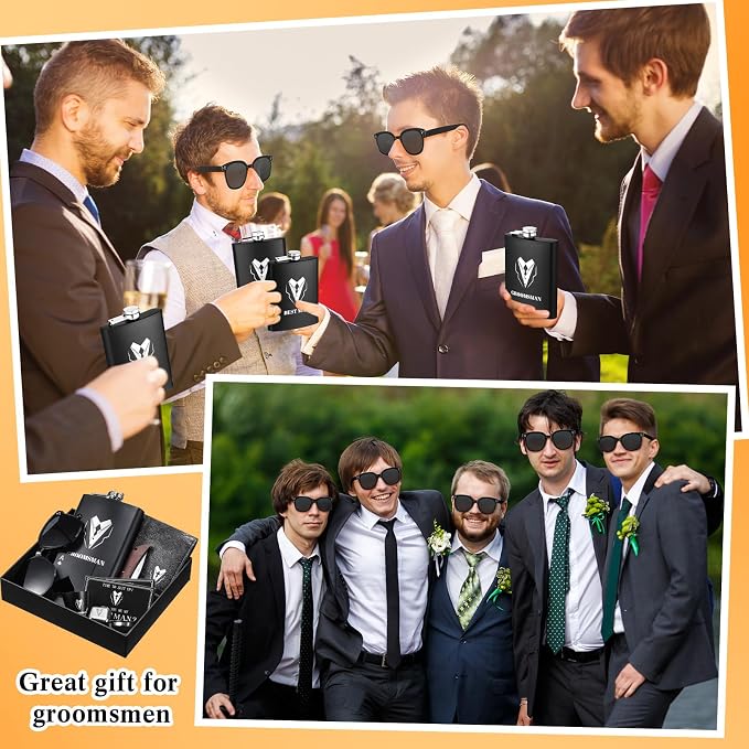 Mimorou 88 Pcs Groomsmen Proposal Gifts - Shot Glasses, Stainless Steel Ice, Flask, Funnel, Gift Boxes, Sunglasses, Knives, Bottle Opener, Cards, Wallets for Wedding Groomsmen Present Set
