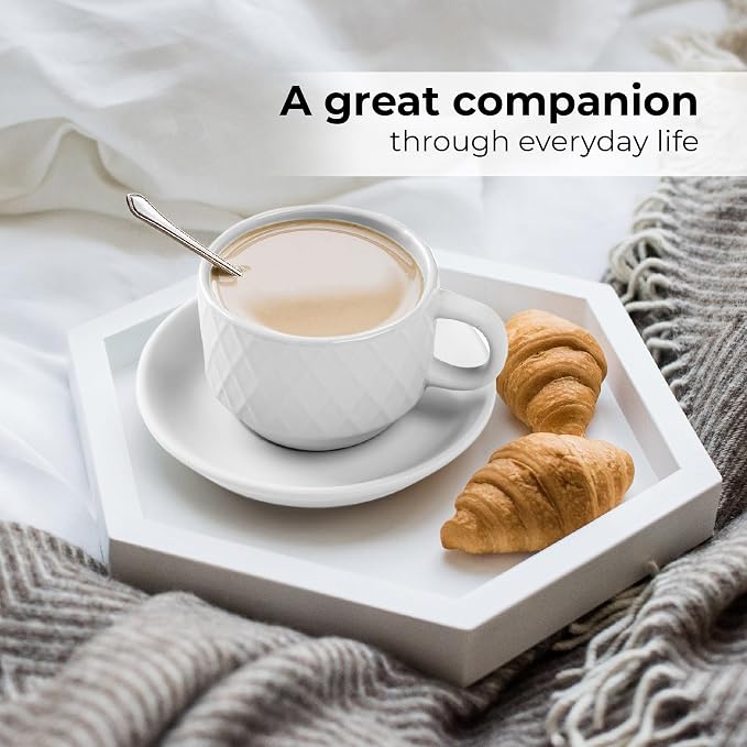 MIAMIO - 6 x 2.5 oz Stoneware Espresso Mug, Cup Set Modern with Stand and Saucers - Palmanova Collection (White)