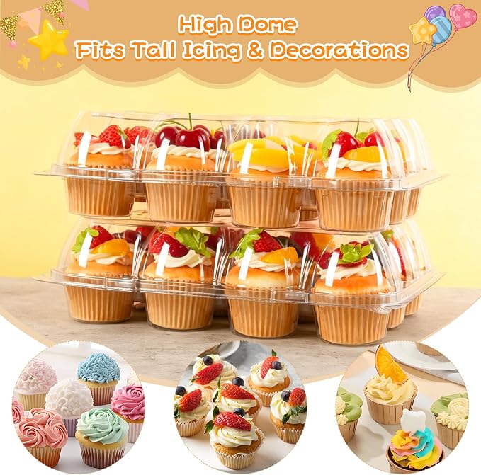 12 Pack x 20 Sets Plastic Cupcake Containers, Stackable Cupcake Boxes Holders with Tall Dome Lid, Disposable Clear Cupcake Carrier Trays for Bakery Transport