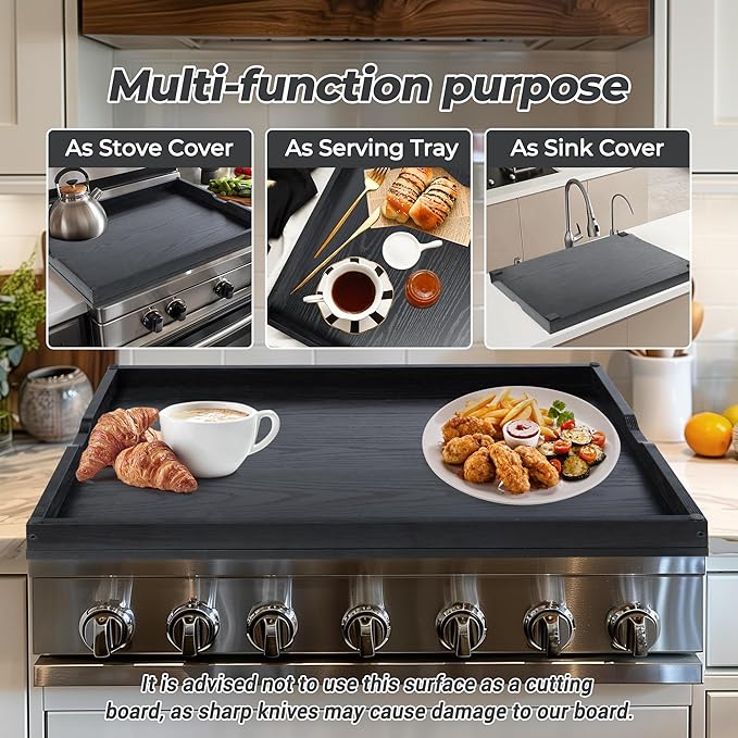 WOLKI Noodle Board Stove Covers for Gas Burners, 30"L x 22"W x 2.4"Th Heavyweight Stove Top Covers for Electric Stove, Buil-in Handles, RV Stove Cover, Wooden Serving Tray, Black