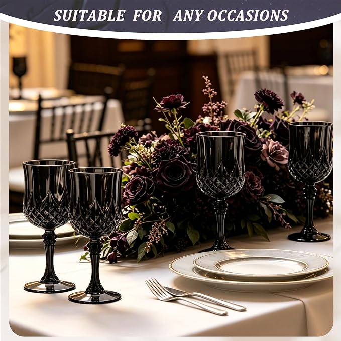 7OZ Plastic Wine Glasses, Reusable Vintage Goblets Unbreakable Drinking Glasses Crystal Water Cups Champagne for Wedding, Parties (24, Black)