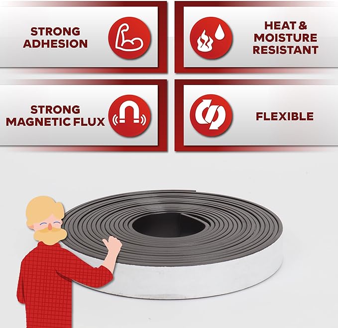 XFasten Heavy Duty Magnetic Tape for Classroom, 1-Inch X 10-Foot Sticky Magnetic Strips with Adhesive Backing, Easy to Install Adhesive and Strong Magnet Tape Roll