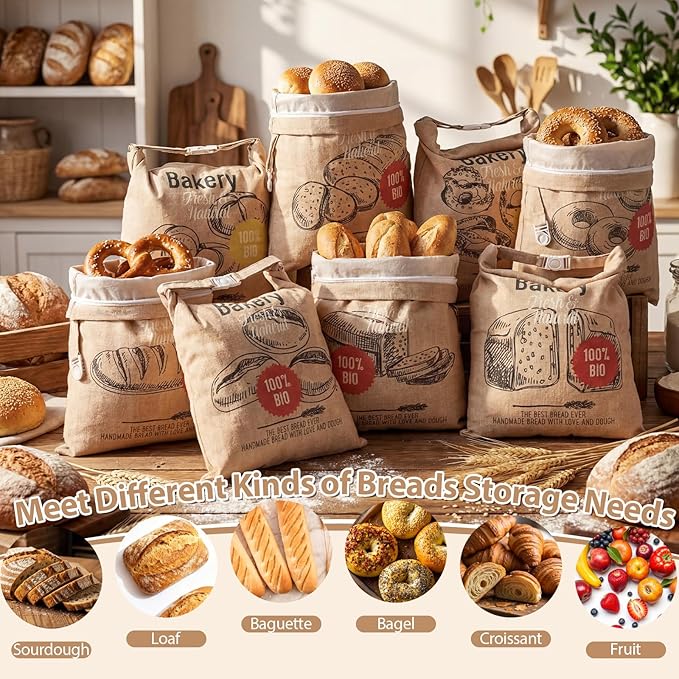 Tigeen 8 Pack Beeswax Bread Bags for Sourdough & Homemade Bread 17 x 13'' XL Reusable Organic Linen Beeswax Wraps with Sealing Zip for Fresh Food Storage Loaf Fresh Freezer Baker Gift, Bakery Style