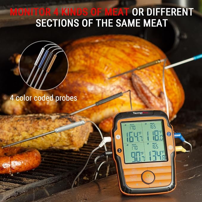 TempPro TP27 500FT Wireless Meat Thermometer for Grilling and Smoking with 4 Probes BBQ Kitchen Food Cooking Digital Thermometer for Meat Turkey Cooking Gift for Dad Him Husband (Previously ThermoPro)