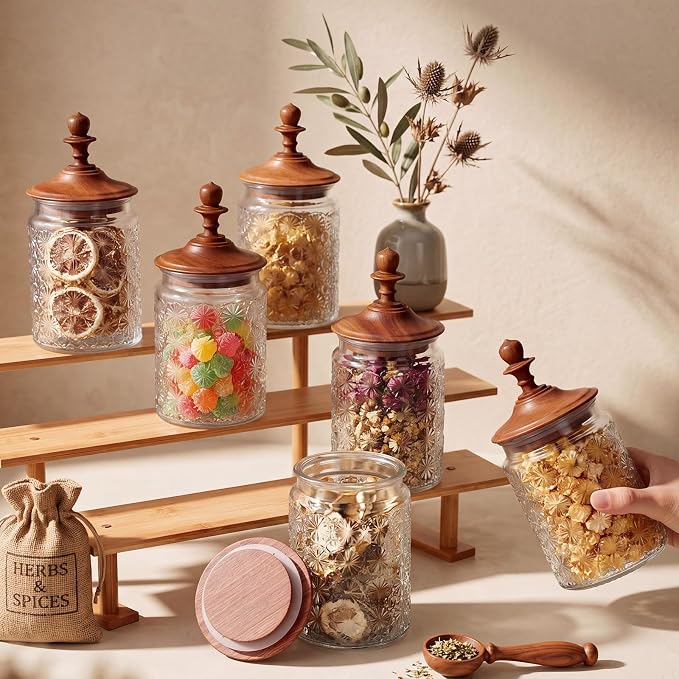 Suclain 6 Pack 24 oz Vintage Glass Jars with Wooden Crown Lids, Decorative Jars with Star Pattern, Airtight Glass Food Storage Containers for Tea Coffee Spice Pantry Organization