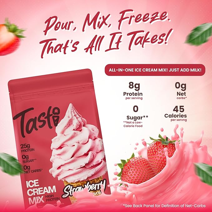 TASTI High-Protein Ice Cream Mix - Strawberry Flavor Low Sugar Ice Cream Powder - Made for Ninja Creami, Soft Serve Mix with 25g Protein, Sugar Free, 0g Net Carbs