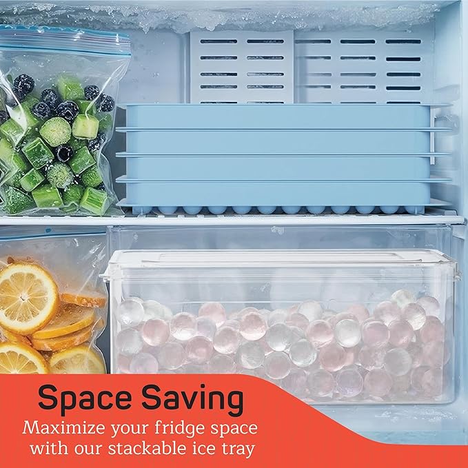 Emporio Kitchen Round Ice Cube Tray Set Pack of 1, BPA-Free Stackable Trays with Lid & Tongs, 104 Ice Balls Per Tray for Whiskey, Drinks, and Cocktails, Quick Release Round Ice Cube Mold, Blue