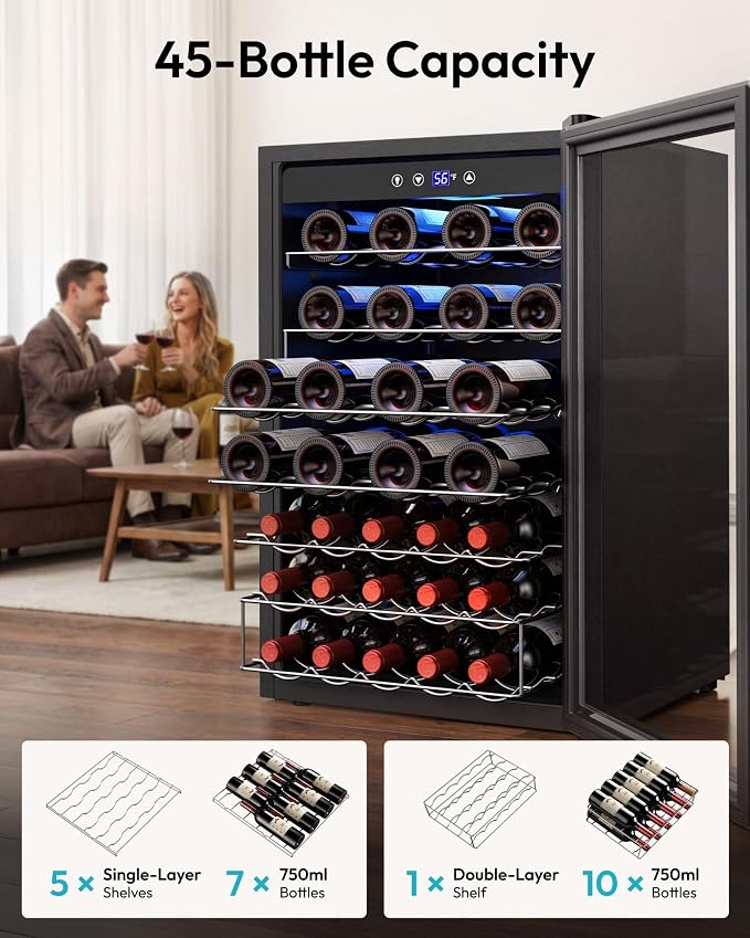 EUHOMY 45 Bottle Wine Cooler Refrigerator, Wine Fridge with Stainless Steel Glass Door for Red, White and Champagne, Mini Fridge with Adjust Temperature for Home Kitchen Bar 4.5 Cu.Ft, Silver