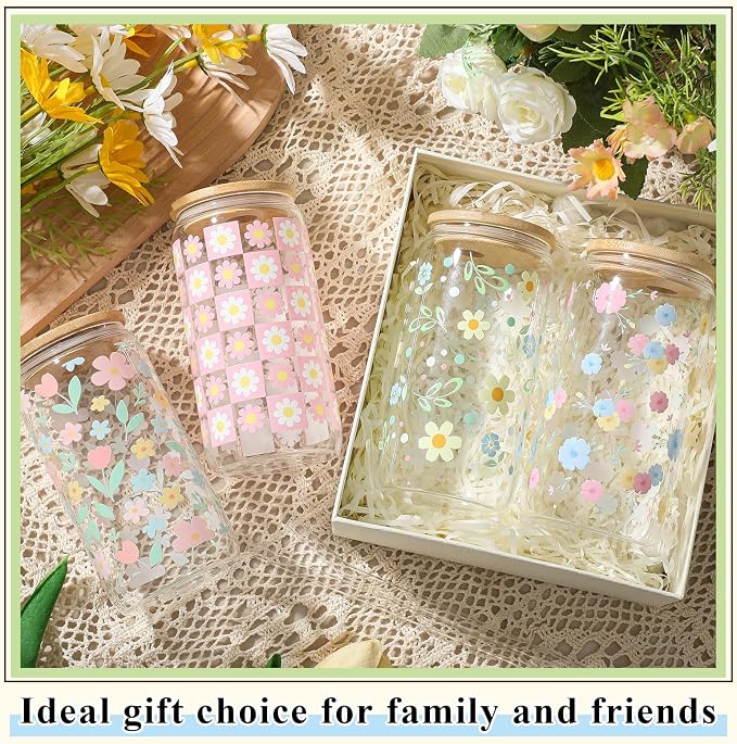 Mumufy 4 Pack Wildflower Glass Cups Gift Aesthetic Cute Glass Cup Tumbler Flower Iced Coffee Mugs 16 oz with Bamboo Lid & Straw, for Wedding Birthday Bridesmaid Mom Baby Shower