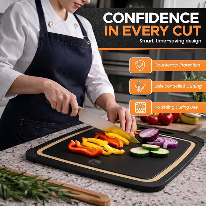 Composite Wood Cutting Board Set of 3 – Built In Juice Groove, Dishwasher Safe, Non-Toxic & Cutting Boards for Kitchen – Large, Medium & Small Non-Slip Wood Charcuterie & Chopping Boards (Black/Tan)