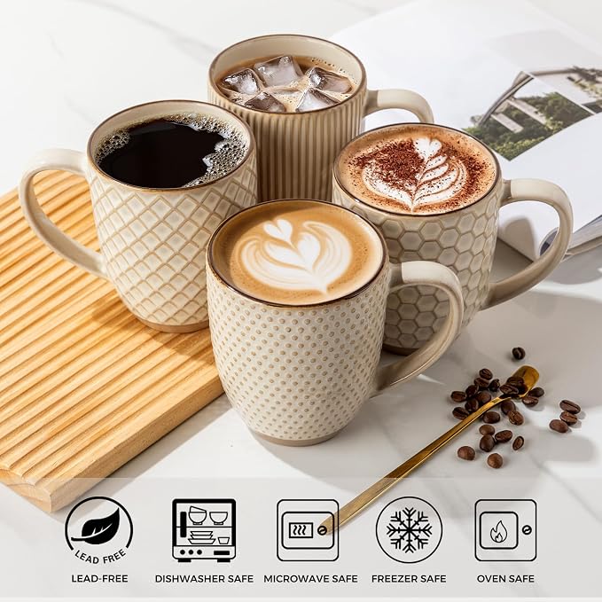 GBhome Large Coffee Mugs Set of 6, 16oz Handmade Embossed Coffee Mugs Set with Large Handle for Cappuccino/Latte/Tea/Hot Cocoa, Dishwasher & Microwave Safe, Khaki