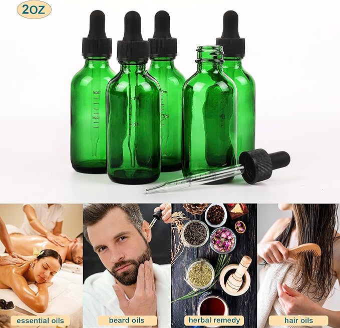 NOOEEISS 2oz Glass Dropper Bottle,Preety Texture Tincture Bottles with Precise Scales Eye Droppe,for All Kinds Of Mixed Liquids,Leak-Proof Design for Easy Travel (Green-48Pack)