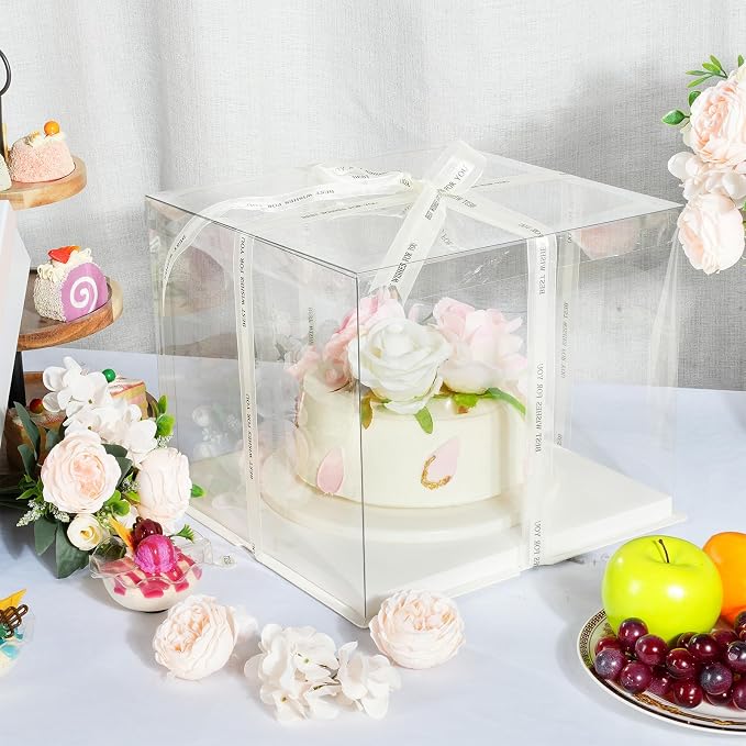 Maxdot 10 Pcs Transparent Tall Cake Boxes 12" x 12" x 10" Large Clear Cake Box with Ribbon Cake Carrier PET Wedding Cake Storage Container Clear Gift Boxes for Party Birthday Dessert Display (Beige)