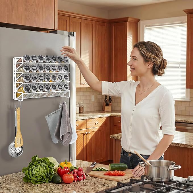 UVIAHOMI Magnetic Spice Rack Organizer for Refrigerator with 28 Spice Jars, 386 Spice Labels, 4 Hook, Chalk Marker and Funnel Set, Magnetic Shelf for Seasoning Organizer, 13.2'' W x 9.8 H, White