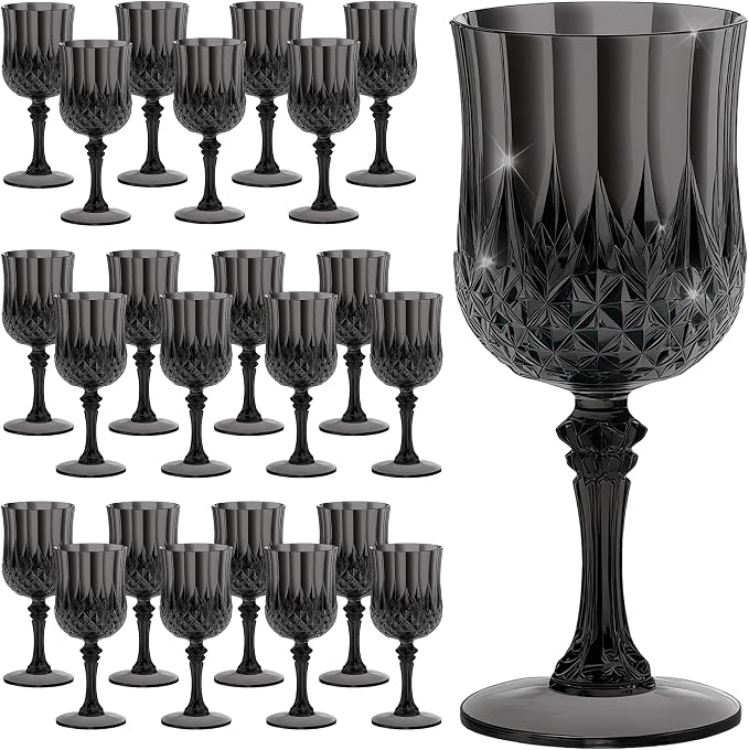 7OZ Plastic Wine Glasses, Reusable Vintage Goblets Unbreakable Drinking Glasses Crystal Water Cups Champagne for Wedding, Parties (24, Black)