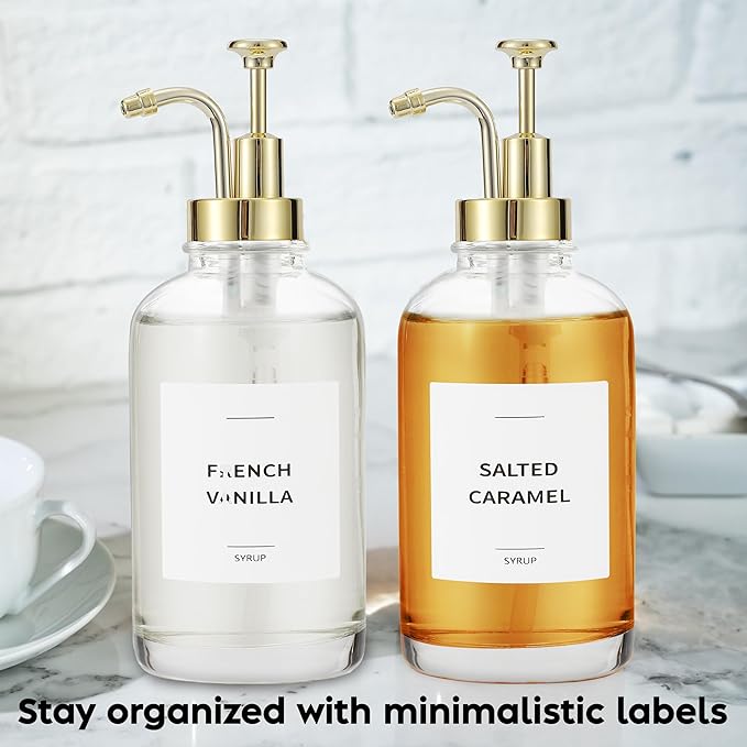 Spaceneat Coffee Syrup Dispenser with Pump - Includes 24 Flavor Labels - Glass Syrup Dispenser for Coffee Bar - Elevate your Beverage Station with 16.9 fl oz Flavoring Container Bottles, 2pcs, Gold | with Pump, for Coffee Bar