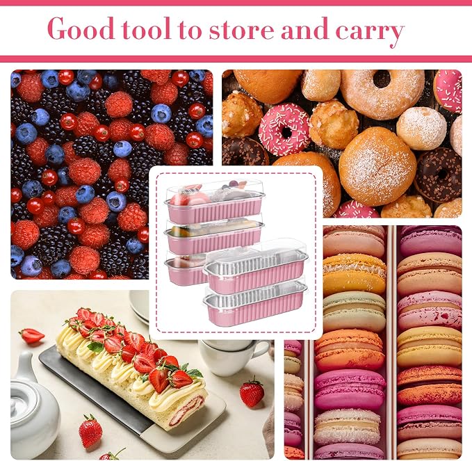 Qunclay 200 Pcs Aluminum Foil Mini Loaf Pans with Lids 6.8 oz Disposable Mini Cake Pan with Lid Rectangle Baking Cups for Party Muffin Cheesecake Ramekins(Pink)