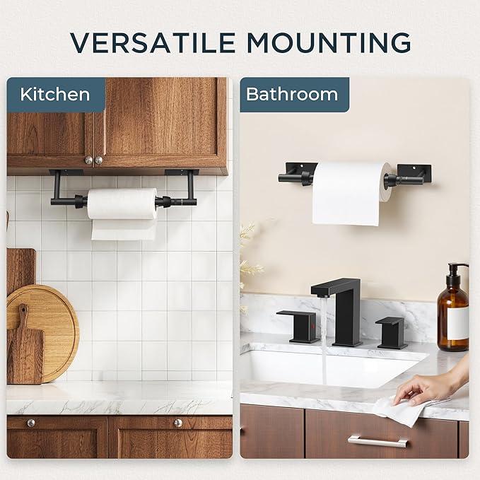 FORIOUS Paper Towel Holder Under Cabinet, Single Hand Operable with Adjustable Damping for Easy Tear, Adhesive or Drill Wall Mount, 304 Commercial Paper Towel Holder for Kitchen Bathroome, Matte Black