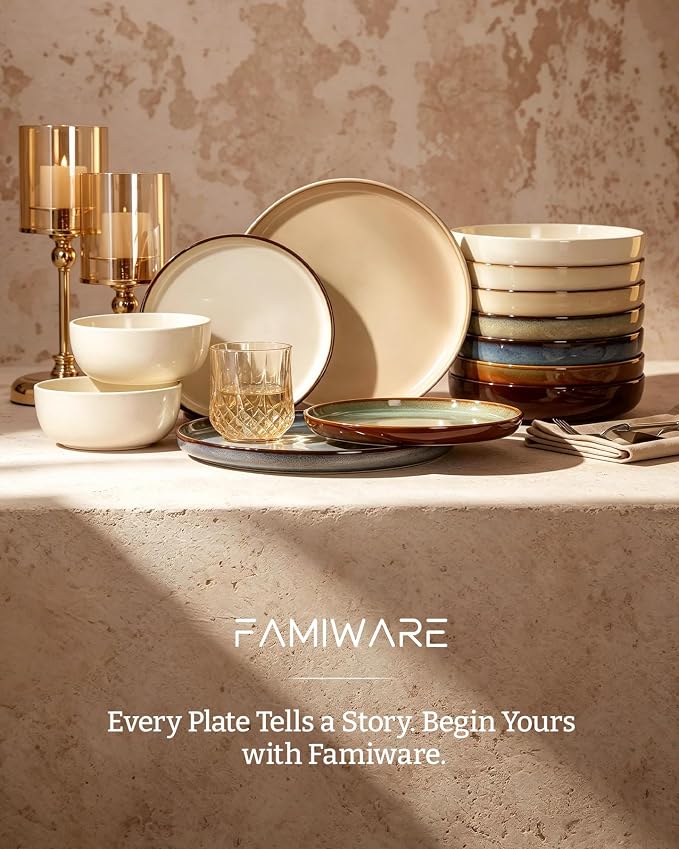 Famiware Milkyway Stoneware Dinnerware Set, 16-Piece, Including Pasta Bowl, Double Reactive Glaze, Plates and Bowls, Service for 4, Microwave and Dishwasher Safe, Scratch-Resistant, Light khaki