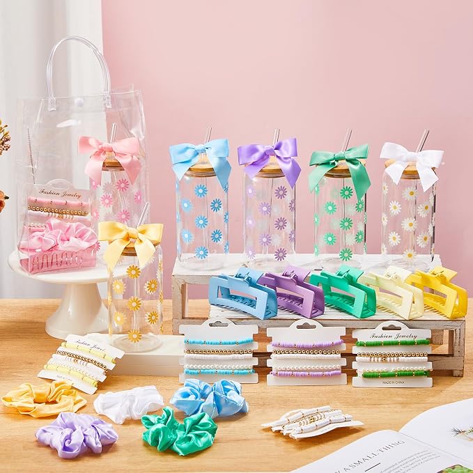 Suncalla 36 Pcs 6 Set Pastel Birthday Gifts for Women, Sleepover Spa Party Girls Trip Bachelorette Party Favors for 6 People, Daisy Glass Cup Bracelets Hair Bands Hair Clip Tote Bags Bows