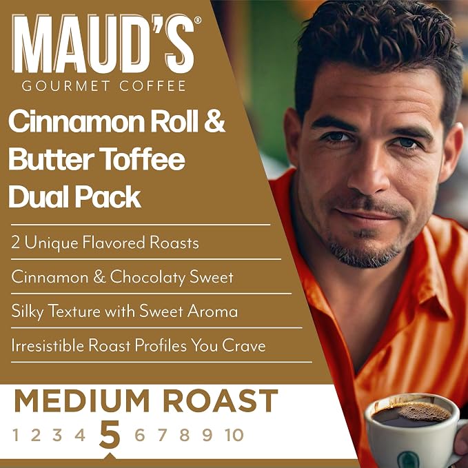 Maud's Cinnamon Roll & Butter Toffee Flavored Coffee Pods, 22ct, Medium Roast Flavored Coffee in Single Serve Pods – 100% Arabica Beans, Compatible with Keurig K Cups Maker