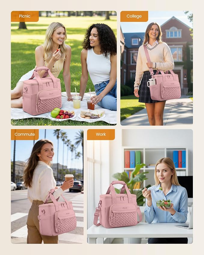 LOVEVOOK Lunch Bag Women, Insulated Wide Opening Adult Lunch Box for Women Work with Cup Holder, Large Lunch Cooler Tote Bag with Utensils Pocket for Office Campus Picnic Beach Mom Nurse Family