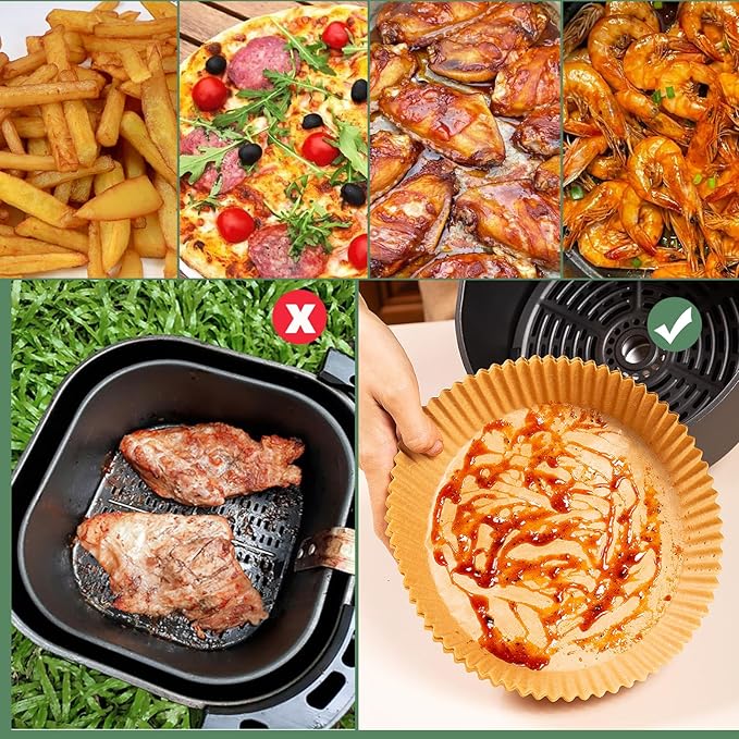 200Pcs 8inch Round Air Fryer Liners Disposable,LYHOLKEER Air Fryer Parchment Paper Liners for 5-8QT Air Fryer and 4Pcs Square Air Fryer Liners Silicone Reusable for 3 3.5 4 4.5 5 5.5 6 qt Air Fryer