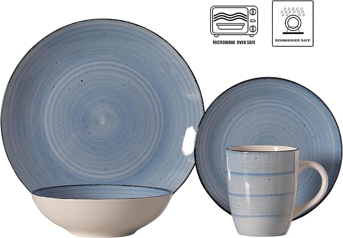 16 PC Spin Wash Dinnerware Dish Set for 4 Person | Mugs, Salad and Dinner Plates and Bowls Sets, Stylish Dishes with Highly Chip and Crack Resistant, Dishwasher and Microwave Safe, Blue. QI004502.BL