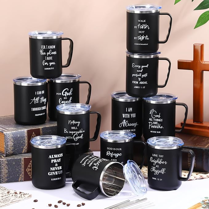 Sieral 12 Pcs Christian Gifts Coffee Mugs with Straw Lid 17 oz Religious Cups with Bible Stainless Steel Tumbler Inspirational Gifts for Women Men Pastor's Church Group(Black,Bible Verse)