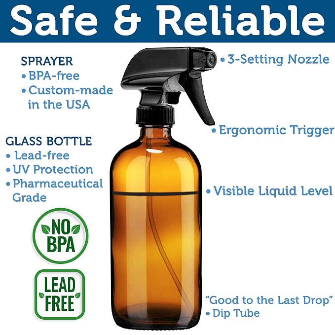 Sally's Organics Empty Amber Glass Spray Bottle - Large 16 oz Refillable Container for Essential Oils, Cleaning Products, or Aromatherapy - Black Trigger Sprayer w/Mist and Stream Settings - 6 Pack
