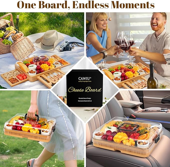 CAWIU Charcuterie Board with Lid – Large Bamboo Cheese Board Set with Utensils & Drawers – Housewarming, Wedding Gifts for Couples, Serving Tray with Cover (Black)