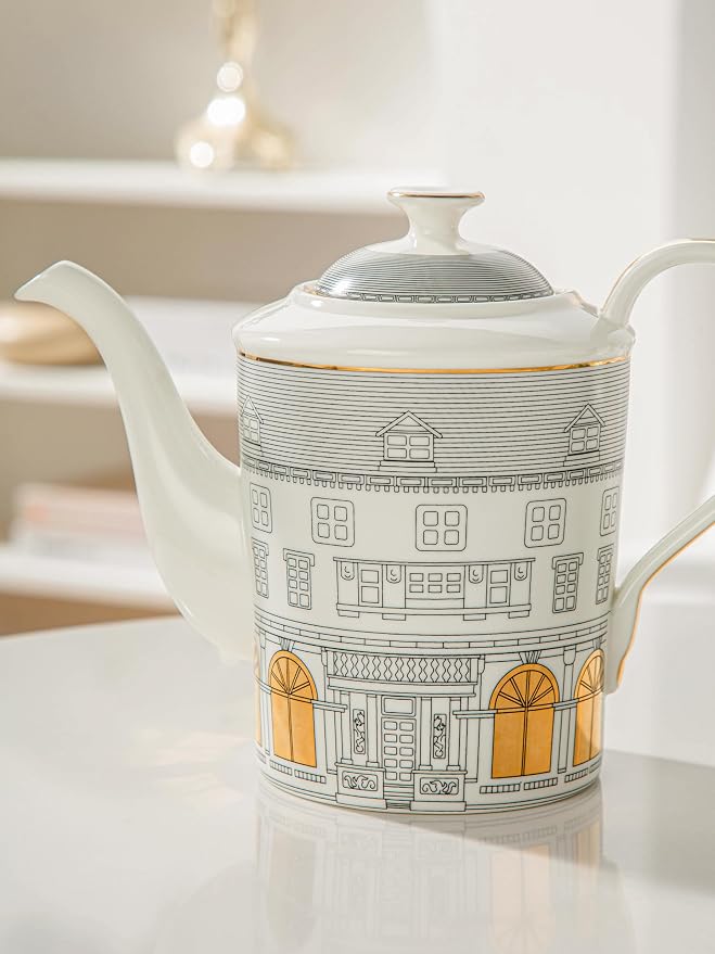 Domini Personalized Architectural Ceramic Tea Cup and Saucer Set,5-piece gift box set with 1 pot, 2 cups and 2 plates