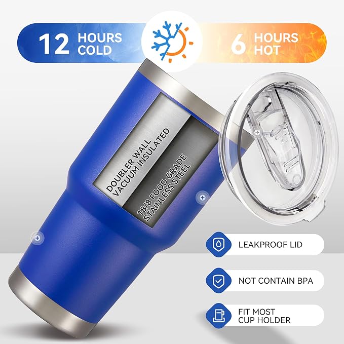 30 oz Tumbler with Lid Stainless Steel Tumblers Vacuum Insulated Cup Reusable Powder Coated Travel Mug Double Wall Leak Proof Portable Cups Keep Cold Drinks for 12 Hours, Blue, 1 Pack