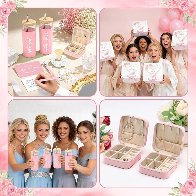 55 Pcs Bridesmaid Proposal Gifts of 6 Sets Maid of Honor Gifts Box Glass Cups Jewelry Box Scrunchies Hair Clips Pen and Invited Cards for Bachelorette Bridal Shower Wedding Party (Pink, 6 Set)