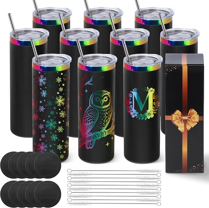 Joyclub Tumblers Bulk 10 Pack 20 oz Insulated Tumbler with Lids and Straws Skinny Straight Powder Coated Tumbler for Laser Engraving Custom RainbowTumblers Set with Gift Box